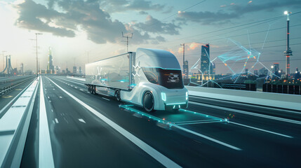 Futuristic autonomous electric truck driving on smart highway in modern cityscape at sunset
