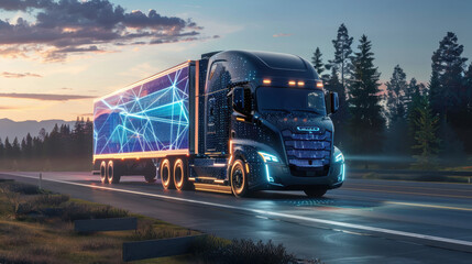 Futuristic semi-truck driving on highway at sunset with digital interface design and glowing lights