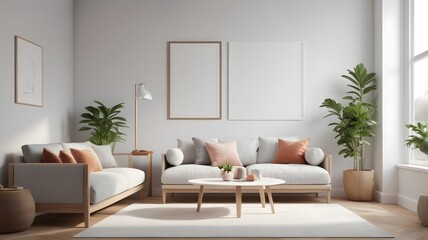 Scandinavian living room interior with blank horizontal poster frame mockup and modern sofa,3D rendering. Mockup poster frame with minimalist modern interior background.