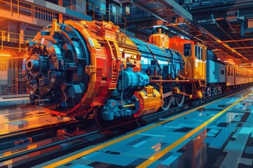 Fototapeta premium Futuristic train in a technologically advanced station, featuring vibrant colors, intricate details, and modern design elements.