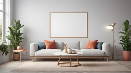 Scandinavian living room interior with blank horizontal poster frame mockup and modern sofa,3D rendering. Mockup poster frame with minimalist modern interior background.
