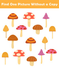 Find One Picture Without a Copy for Preschool Children. Find same picture worksheet for kids. Worksheet for kindergarten-aged children with cute mushroom illustration.
