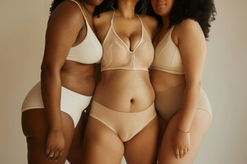 Three women wearing nude-colored lingerie posing together, showcasing natural beauty and confidence. Body positive and diversity concept