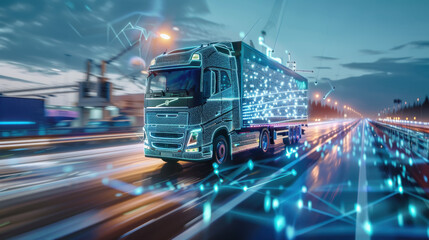 Futuristic semi-truck driving on highway with digital network overlay, showcasing autonomous technology, and smart logistics