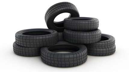 side view on pile of car tires on white background