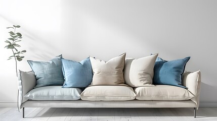 Obraz premium Gentle, pastel-colored pillows arranged on a light grey, modern sofa. The setting is bright and airy, with a focus on soft textures and subtle color contrasts.