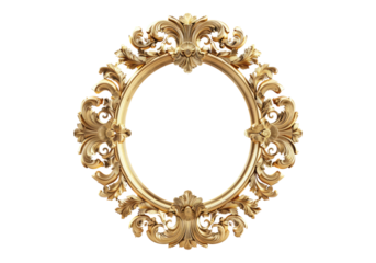 Hand carved golden mirror frame isolated on transparent background.