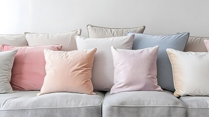 Gentle, pastel-colored pillows arranged on a light grey, modern sofa. The setting is bright and airy, with a focus on soft textures and subtle color contrasts.