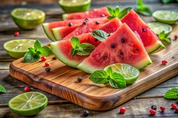 Watermelon slices on wooden cutting board, with fresh mint, lime, background