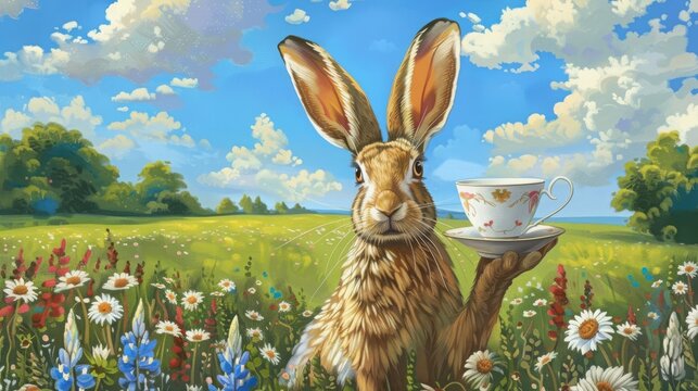 Alice in Wonderland Day March Hare March Hare with a tea cup, lively spring meadow