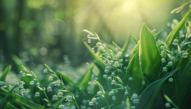 Selective focus on soft green spring background with lilies