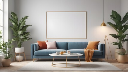 Scandinavian living room interior with blank horizontal poster frame mockup and modern sofa,3D rendering. Mockup poster frame with minimalist modern interior background.