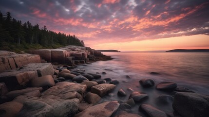 Dramatic sunset over the rocky beach