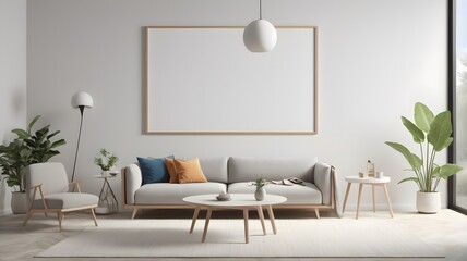 Scandinavian living room interior with blank horizontal poster frame mockup and modern sofa,3D rendering. Mockup poster frame with minimalist modern interior background.