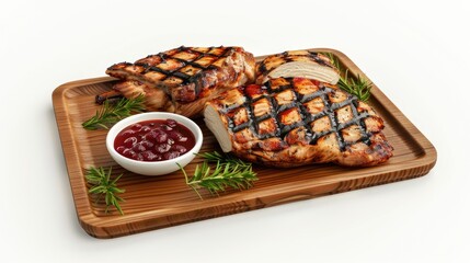 Grilled turkey breast with cranberry sauce and rosemary sprigs on a wooden board