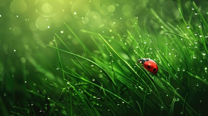 Bright green grass covered in morning dew, with a single ladybug moving through the lush foliage, creating a picturesque nature scene