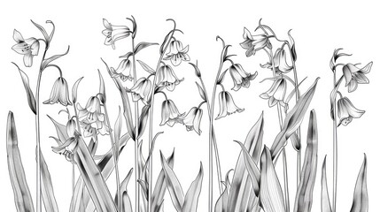 Black and white pencil drawing of a group of bell-shaped flowers