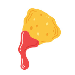 Nachos with red salsa sauce in cartoon flat style isolated on white background. Vector illustration with Mexican traditional food.