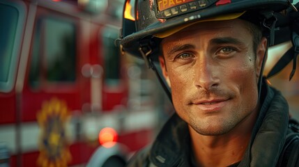 Fototapeta premium A Firefighter in full gear Standing proudly in front of a fire truck celebrate labor day and the bravery of first responders.