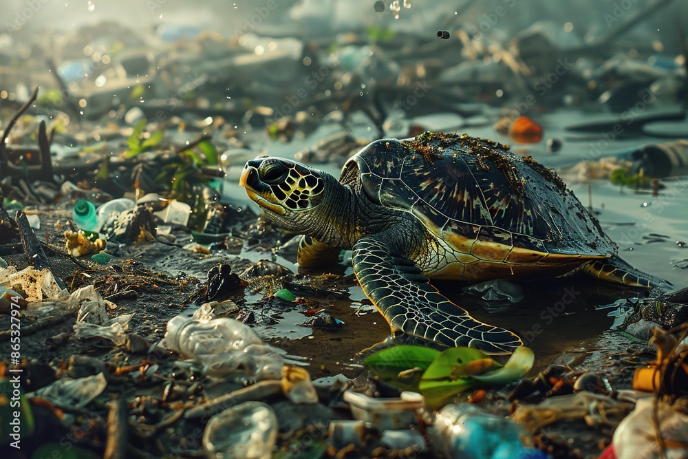 Wall mural dirty turtle stands among garbage and plastic trash. environmental pollution, toxic emissions into w