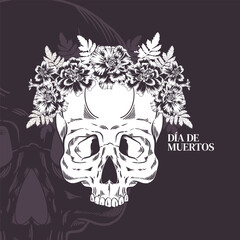 Skull with a crown of flowers. Marigold. Vector illustration. Sempasuchitl for the Day of the Dead. Monochrome bouquet of tegetes for cards, invitations, posters, textiles, packaging, stickers