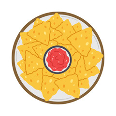 A plate with nachos and red salsa sauce in cartoon flat style isolated on white background top view. Vector illustration with Mexican traditional food.