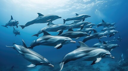 Obraz premium Captivating dolphin pod swimming gracefully in unison, their synchronized movements a mesmerizing spectacle of underwater harmony