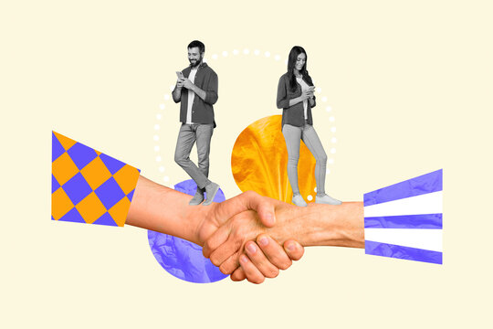 Collage image of two young arms shacking hands showing partnership isolated on drawing background - Powered by Adobe