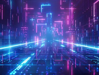 Fototapeta premium A digital landscape featuring a grid of blue light lines, creating a sense of depth and perspective