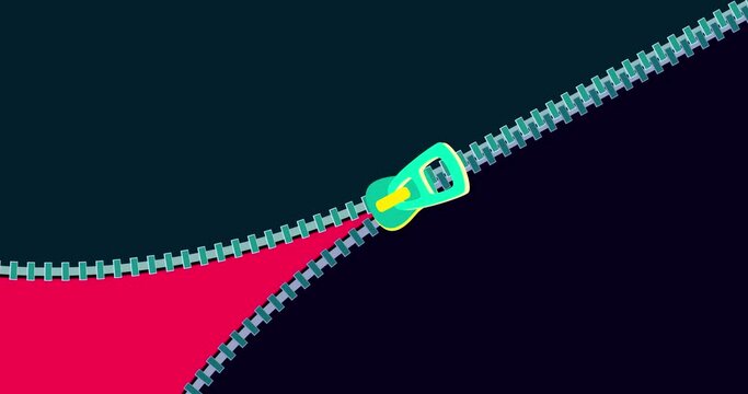 Zipper transition wipe curtain across dark isolated background. Cartoon fastener binder animation preset. Motion design element. Business, art, education, science, fashion.
