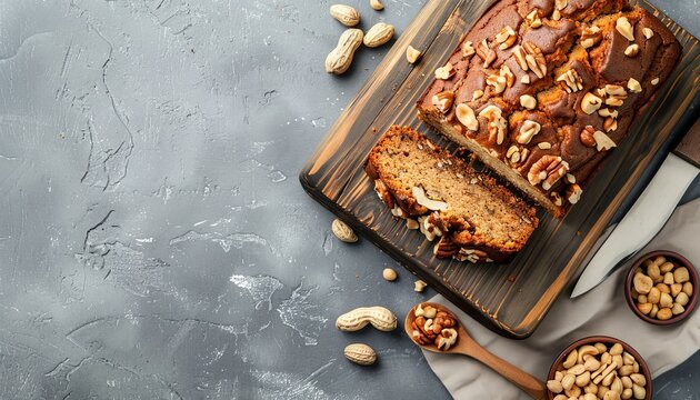 Top view of a homemade peanut butter loaf cake with cinnamon peanut flour and chopped nuts on a grey wooden cutting board Gray concrete background with empty sp