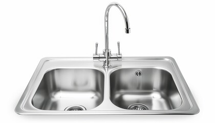 Top view of a stainless steel sink with faucet isolated on a white background Includes a single bowl and built in kitchen appliances