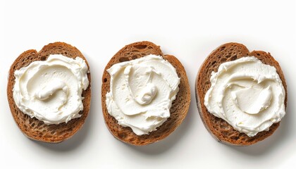 Top view of cream cheese on toasted rye bread isolated