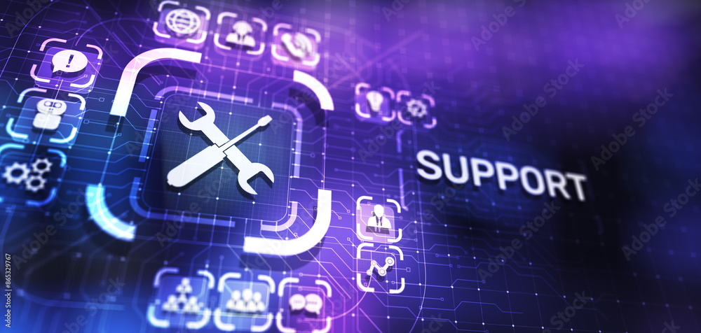 Poster Support button on virtual screen. Customer service and communication concept.