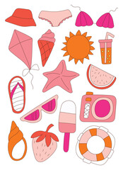 Set of cute summer icons isolated on white backgroun. Tropical holidays. Summer beach. Vector illustration.