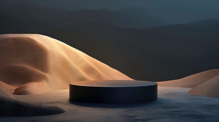 Minimal podium in a desert, dark environment, gradient sky, for product presentation with copy space. Generative AI
