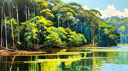 Illustration of a vast expanse of the Amazon Rainforest with a river winding through, reflecting the lush green forest. Blue sky with some clouds.Nature, climate change concept.		