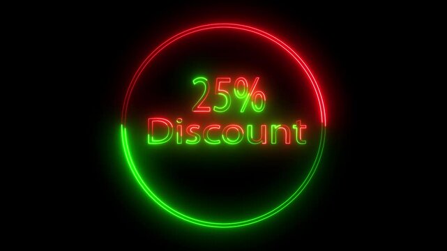 Neon sing discount text icon animation on dark background.