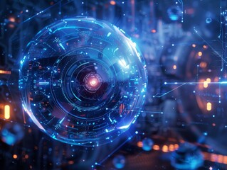 Fototapeta premium A futuristic digital artwork featuring a glowing blue sphere