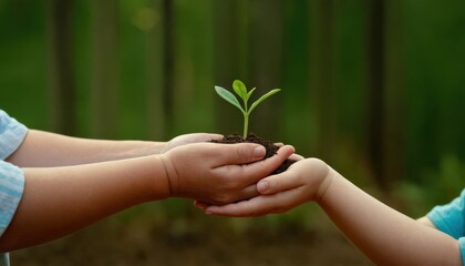 adult hands hand a small plant to young hands, symbolizing the responsibility of bequeathing a healthy environment to our children