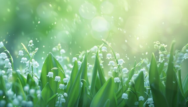 Valley lilies spring flowers banner grainy film background