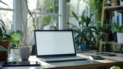 A mockup of a blank empty closed laptop on a table in a living room, with a white screen, a cup of coffee and a smartphone beside the notebook
