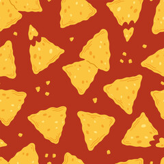 Seamless pattern with nachos snack in cartoon flat style on a red background. Vector illustration background with traditional Mexican food