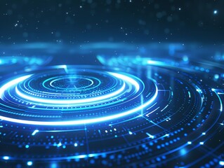 Blue background with circular light effects and glowing lines on the bottom, creating an atmosphere of futuristic technology and digital innovation