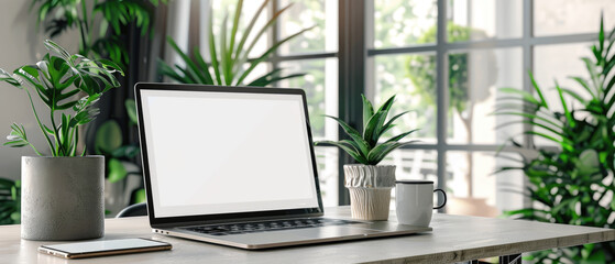 Fototapeta premium A mockup of a blank empty closed laptop on a table in a living room, with a white screen, a cup of coffee and a smartphone beside the notebook