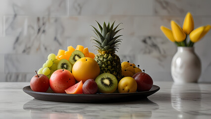  Illustrate a background of a fruit platter with a variety of fresh fruits