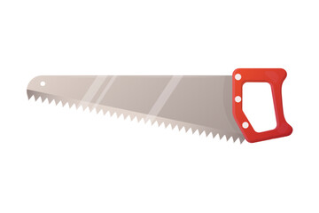 Hand saw with red handle on white insulated background. Cartoon style.