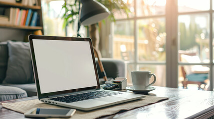 Fototapeta premium A mockup of a blank empty closed laptop on a table in a living room, with a white screen, a cup of coffee and a smartphone beside the notebook