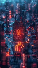 Fototapeta premium Futuristic digital security concept with a glowing padlock on a circuit board, symbolizing cyber protection and data encryption.