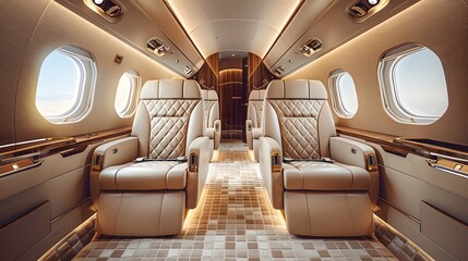 Fototapeta premium Sleek and luxurious private jet interior, featuring plush leather seats with quilted detailing, complementing the light beige color scheme of elegant carpet flooring.